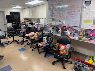 donated toys sit on chairs