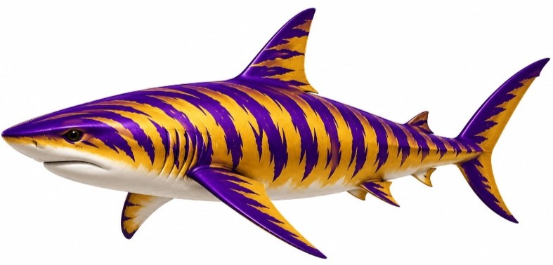 Illustration of a shark shown in side profile against a plain light gray background. The shark features bold alternating purple and gold tiger-like stripes across its body, fins, and tail, creating a stylized, high-contrast design. The underside is white, and the image appears to be a digital rendering or graphic rather than a photograph.