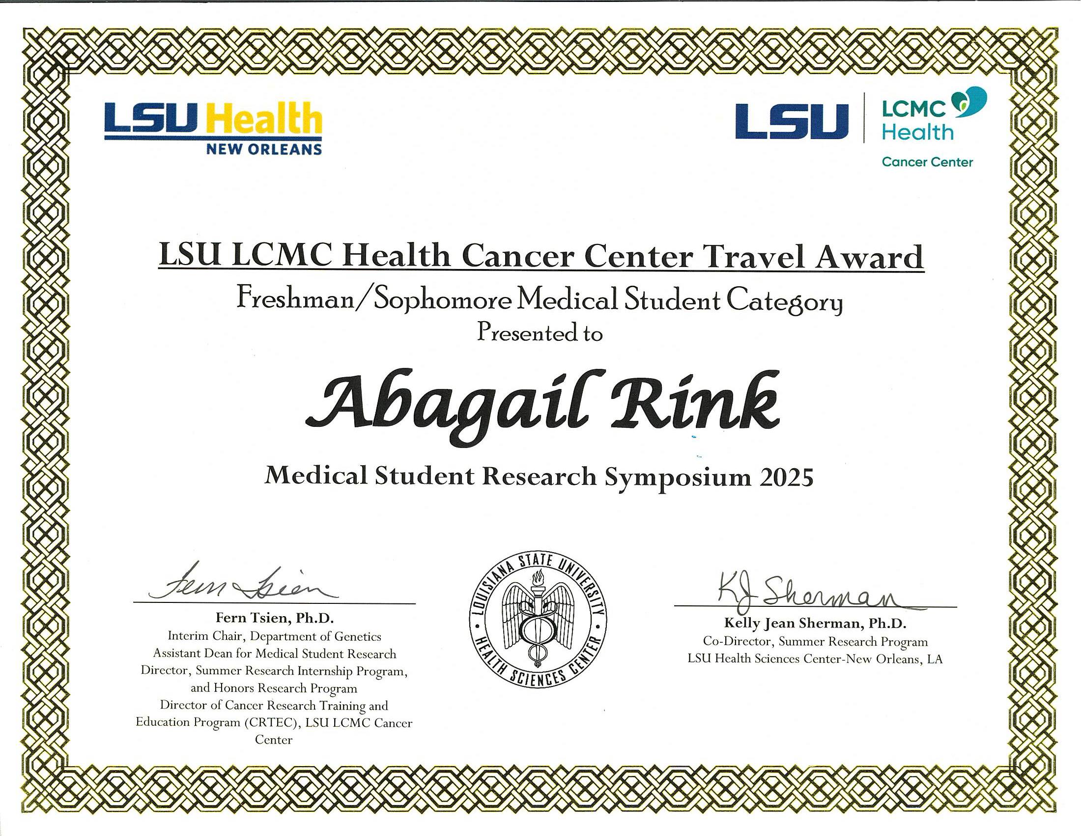 Abigail Rink Trave Award Certificate