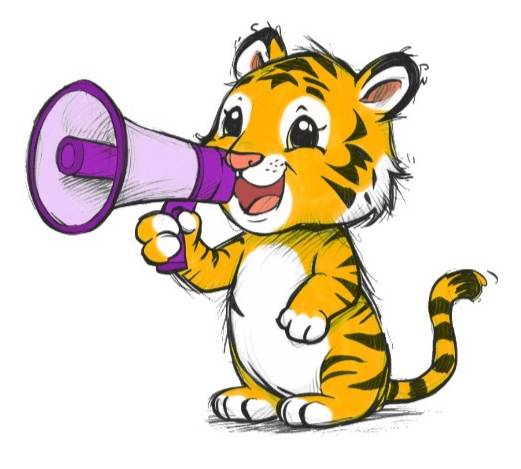 Illustrated cartoon of a small orange tiger cub with black stripes and a white belly, standing upright on two legs. The tiger holds a purple megaphone to its mouth with one paw, while the other paw is slightly raised. The tiger has large round eyes, small rounded ears, and a striped tail curved behind its body. The background is plain white, and the style is sketch-like with visible linework and soft shading.