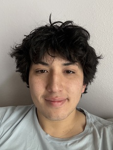 Close-up portrait of a person with short, dark, wavy hair wearing a light gray T-shirt. The person is facing the camera against a plain light-colored wall with natural, even lighting.