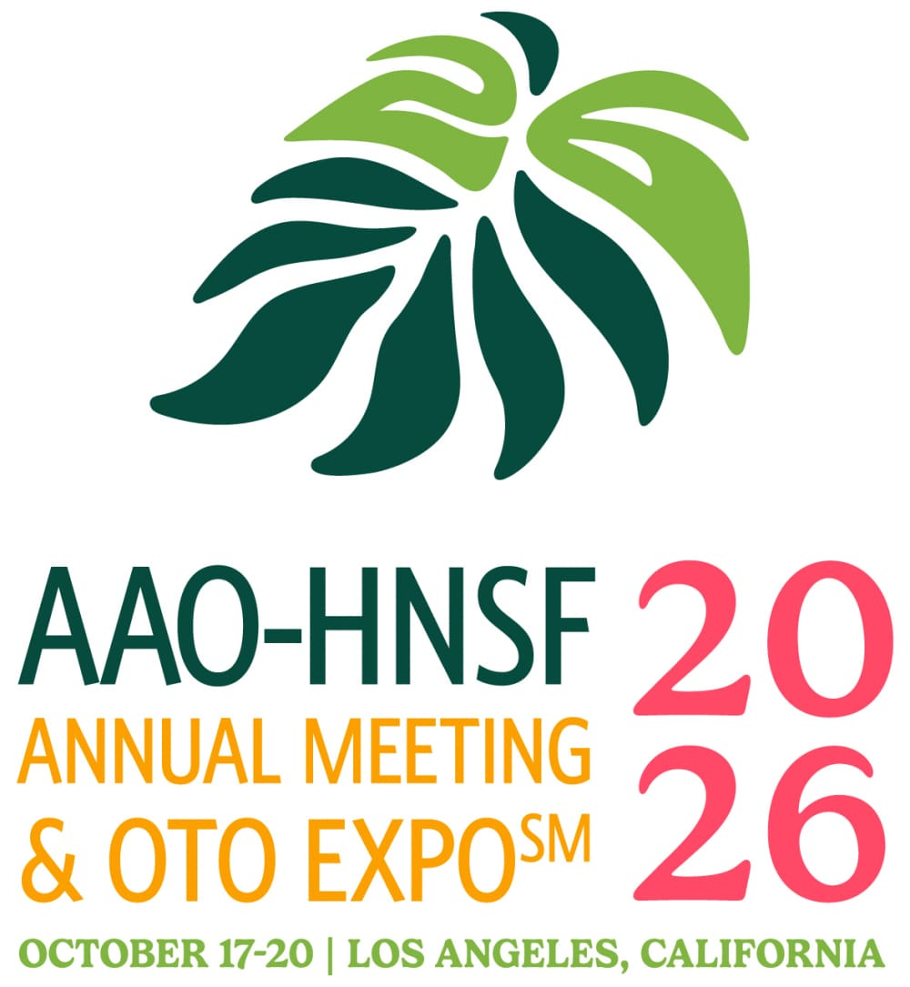 Logo and event announcement for the AAO-HNSF 2026 Annual Meeting & OTO ExpoSM. A stylized green leaf logo appears above the event name. Large pink numbers “2026” are displayed on the right. Text at the bottom reads: “October 17–20 | Los Angeles, California.” The design uses green, yellow-orange, and pink on a light gray background.