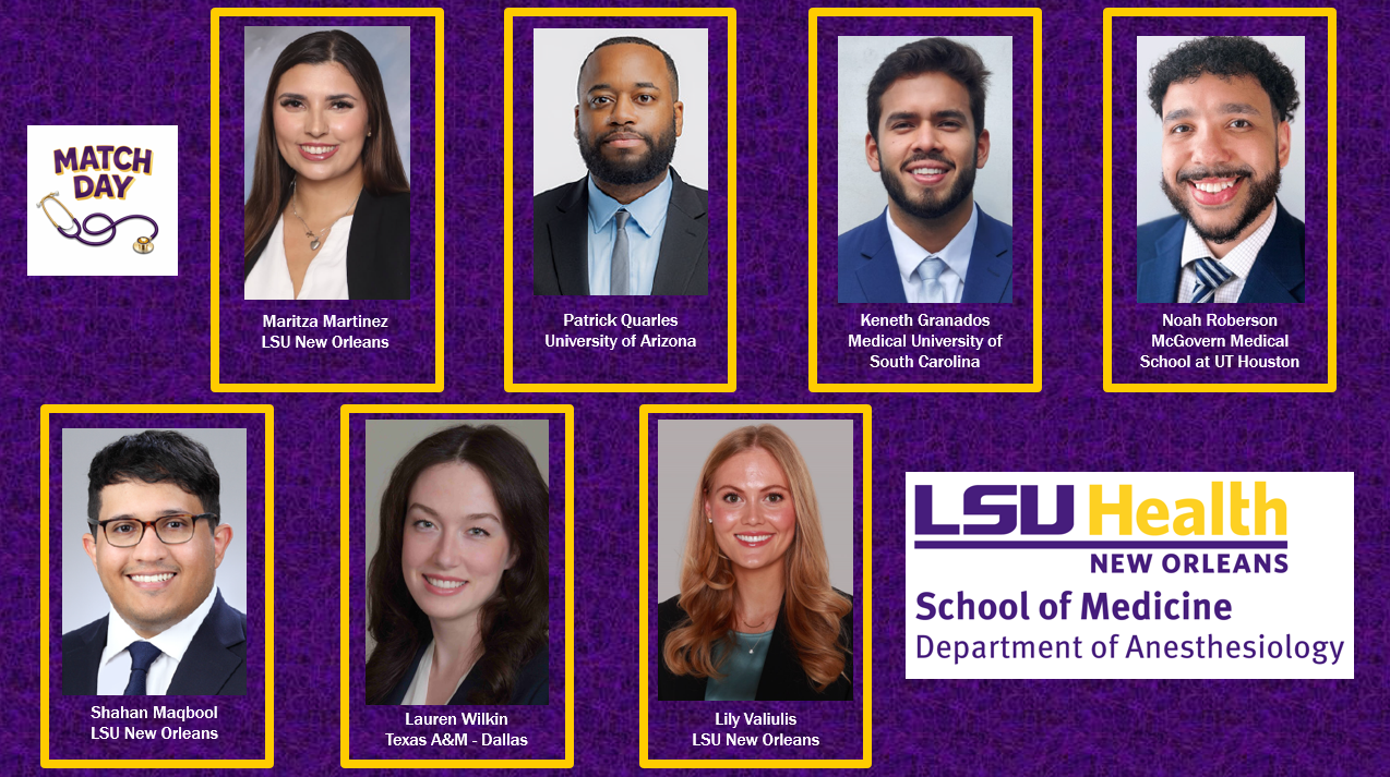 Match Day graphic featuring LSU Health New Orleans anesthesiology residents with headshots and their matched medical schools