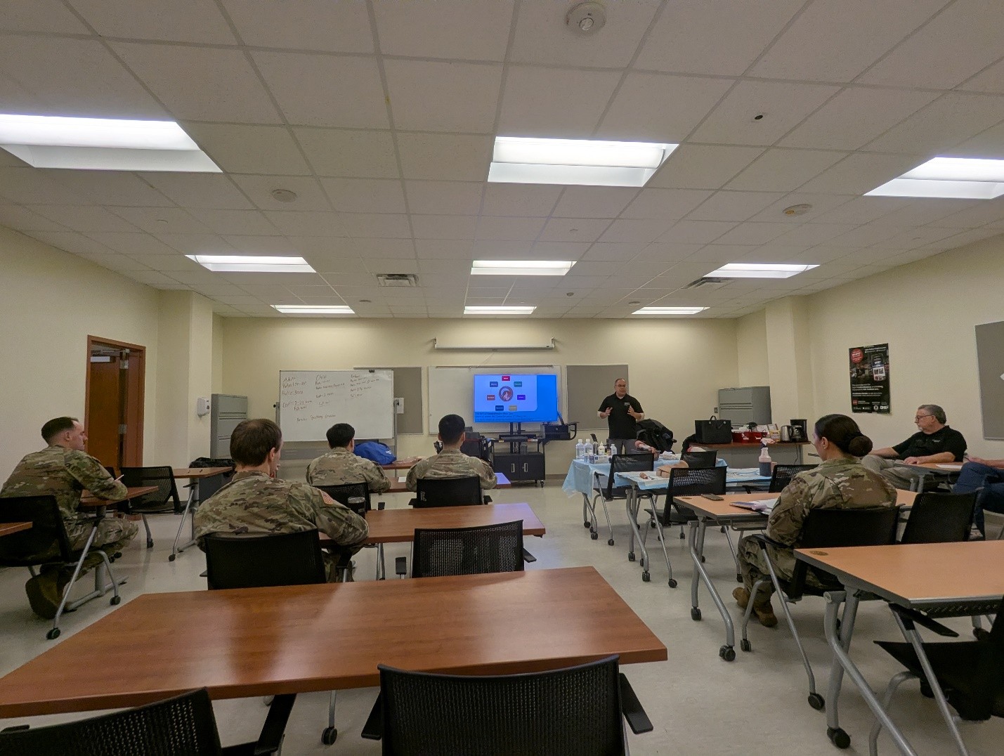 LTC (Ret.) Rivera and Dr. Johnson provide classroom instruction to U.S. Army 68‑series combat medics on battlefield‑relevant trauma and burn injury management. 
