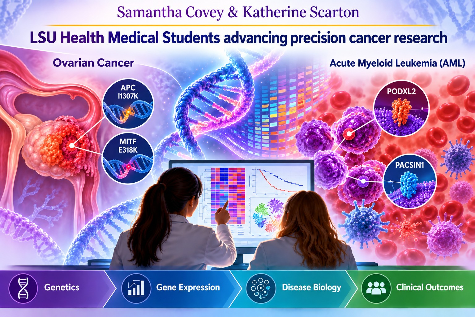 Infographic showing LSU Health medical students conducting precision cancer research using genetic and clinical data to study ovarian cancer and acute myeloid leukemia (AML).